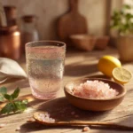 how to make pink salt trick recipe drink with lemon and salt in glass on kitchen counter