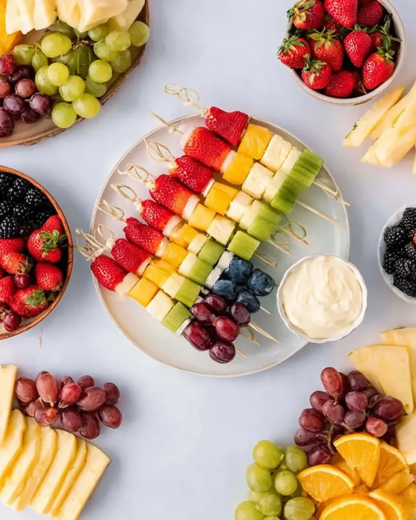 Rainbow fruit skewers with strawberries, pineapple, grapes, blueberries, and kiwi