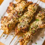 Ranch Garlic Parmesan Chicken Skewers topped with parmesan cheese and herbs