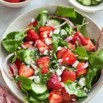 Strawberry feta salad with spinach, cucumbers, red onions, and fresh strawberries