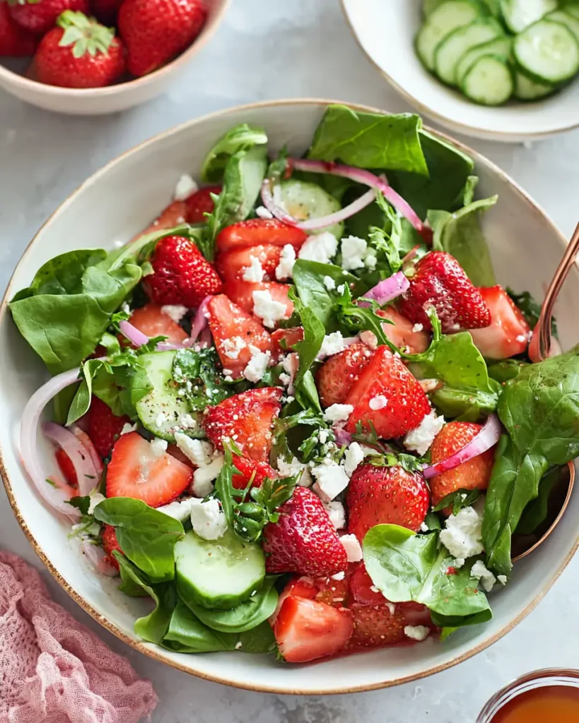 Strawberry feta salad with spinach, cucumbers, red onions, and fresh strawberries
