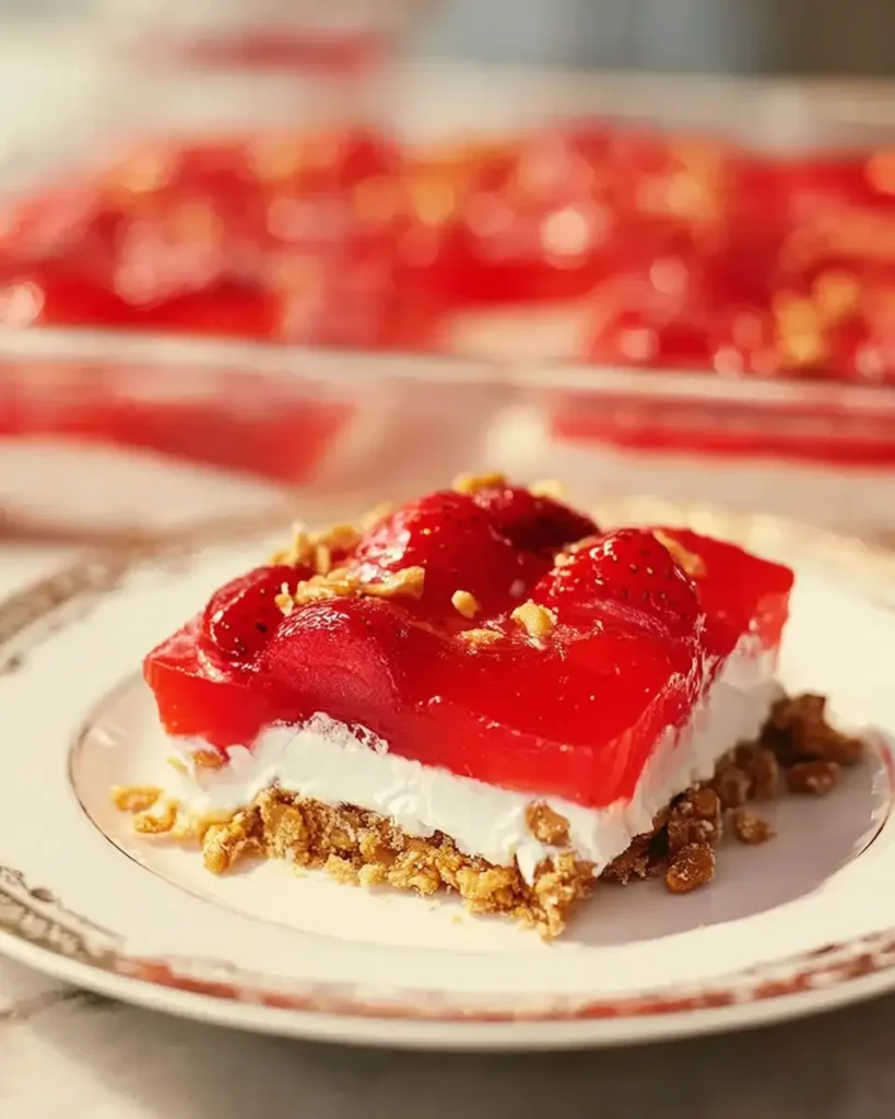 Slice of strawberry pretzel salad with creamy layers and fresh strawberries