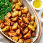 Crispy roasted potatoes with fresh herbs served as a vegan side dish