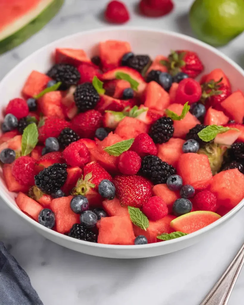Watermelon fruit salad with strawberries, blueberries, raspberries, and blackberries