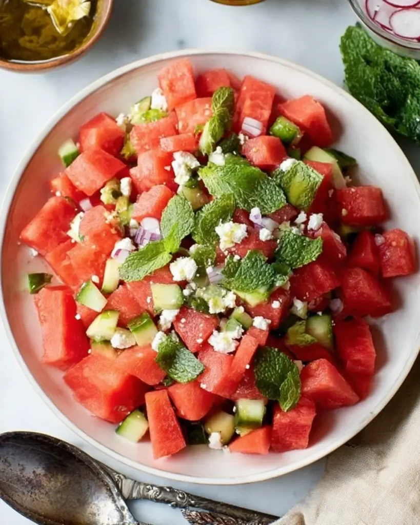 Watermelon mint salad with cucumber, feta cheese, and fresh mint leaves