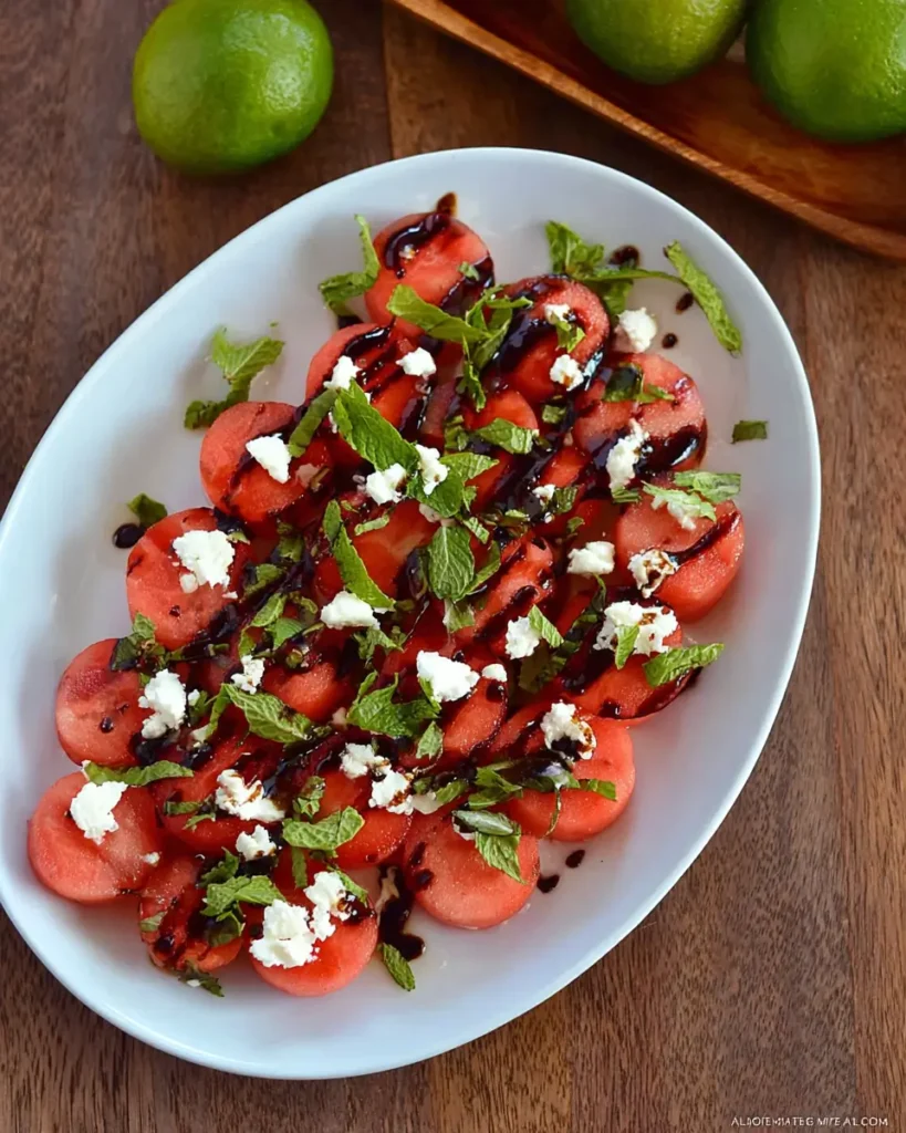 Watermelon And Balsamic Syrup Salad, feta cheese, and fresh mint leaves